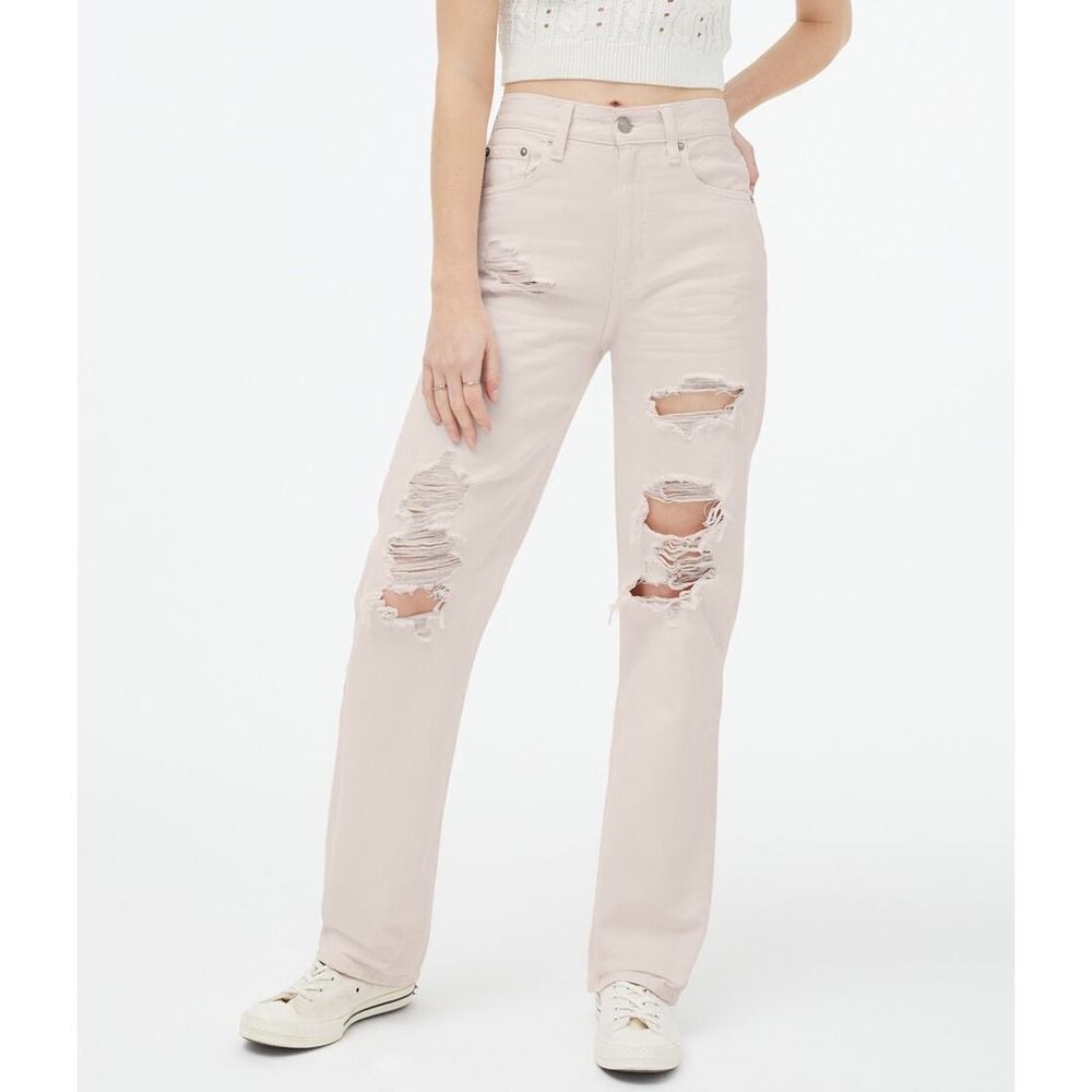 Aeropostale 90s Baggy Jeans Womens 4 Pink Good Distressed High Rise Straight Leg
